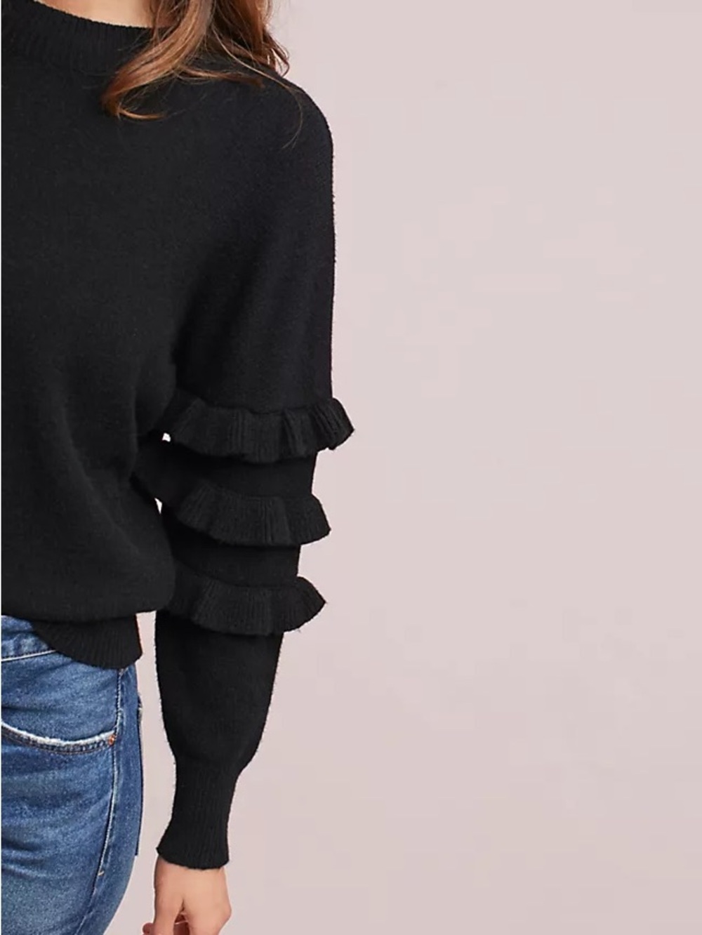 Line & Dot Black Ruffle Sleeve Crewneck Sweater